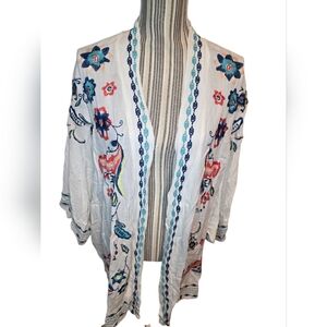 Curation Women's Floral Embroidered Open Front Caftan White and Blue Size M/L